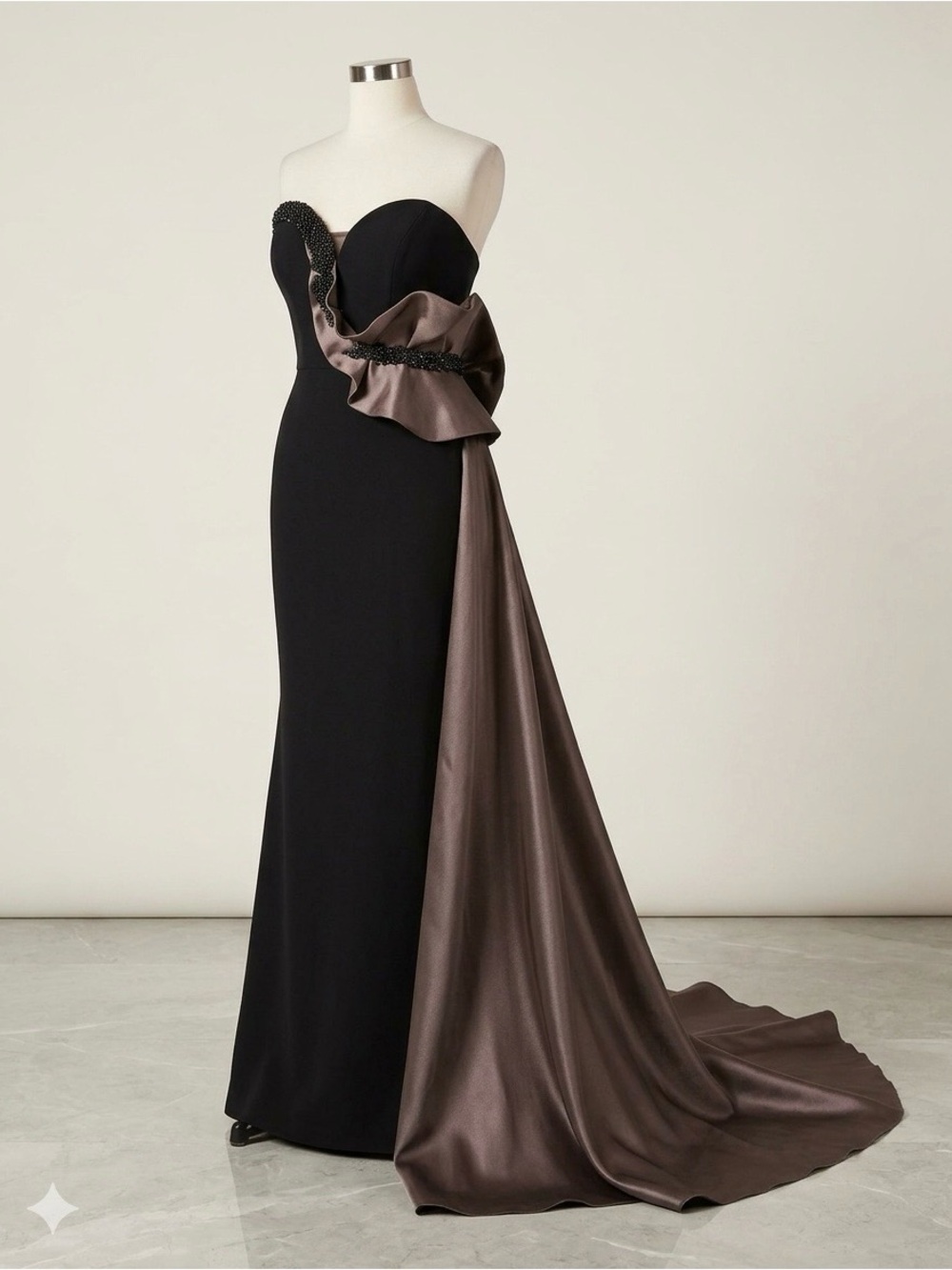 Strapless Black Evening Gown with Bronze Satin Drape